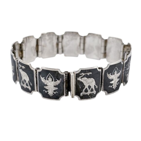 Vintage Siam Sterling Silver 925 Black Niello Link Bracelet 6.25" - Picture 5 of 11